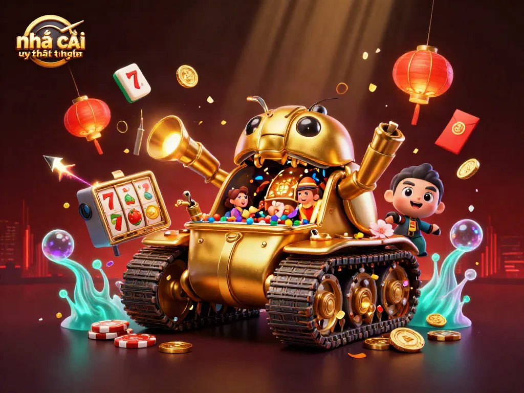 Experience the excitement of the house, showcasing nhà cái uy tín nhất with engaging slot elements in a vibrant 3D scene.