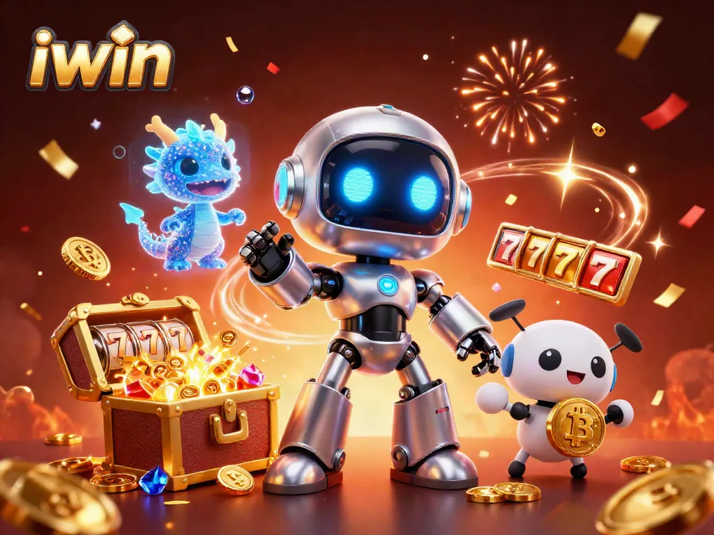 Play exciting games with iwin's vibrant casino-themed 3D illustration featuring a cyberpunk robot mascot.