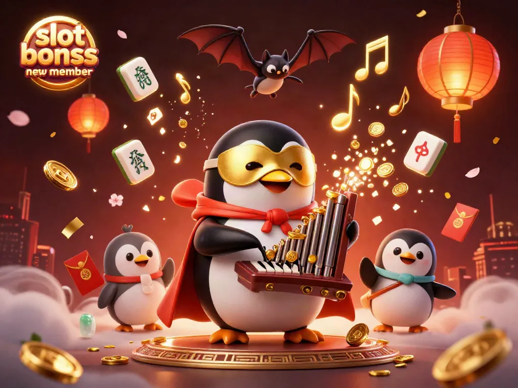 Engaging scene of slot bonus new member promotion with penguin playing a pipe organ shooting coins, illuminating lanterns, and festive decorations.
