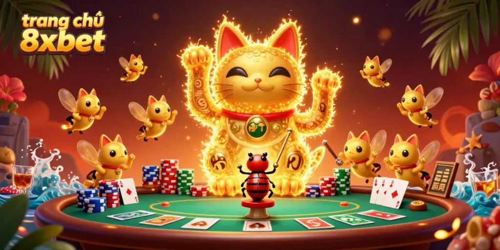 Experience the excitement of trang chủ 8xbet with vibrant casino-themed digital art showcasing a lucky cat and poker elements.
