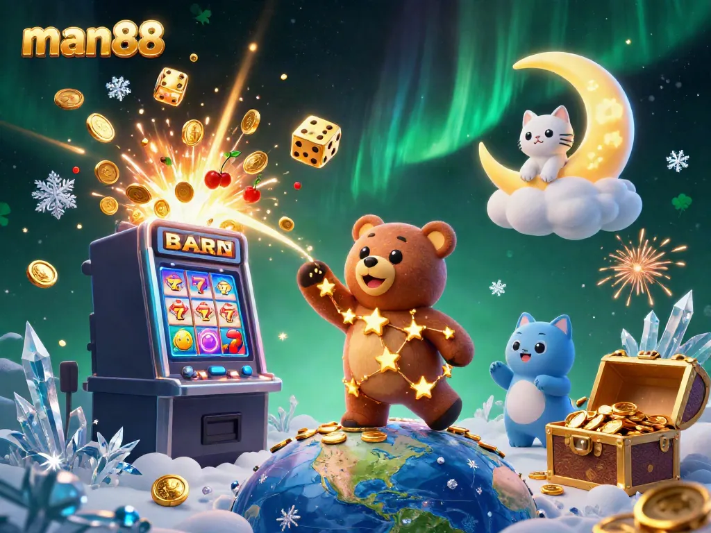 Engage with the thrill of man88 as the cosmic bear scoop coins amid a vibrant casino scene.
