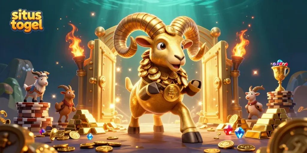 Engage in situs togel with a dynamic scene featuring golden ram and treasure elements.
