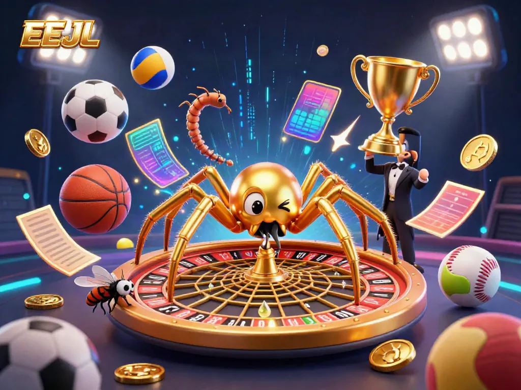 Bet big at EEJL with dynamic casino elements and vibrant characters in a 3D illustration.