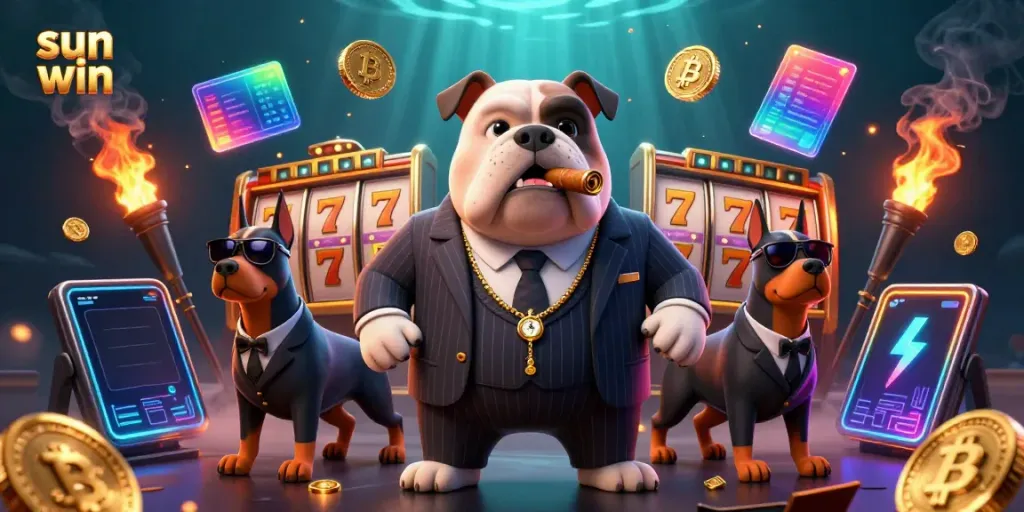 Experience the thrill of gambling with sun win, where a stylish mafia bulldog and its bodyguards surround casino elements.