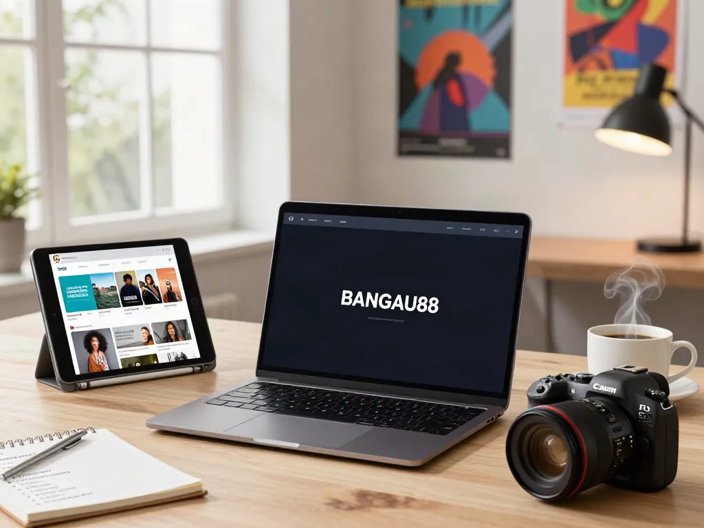 BANGAU88 digital entertainment platform showcasing user-friendly navigation with devices in a cozy workspace.