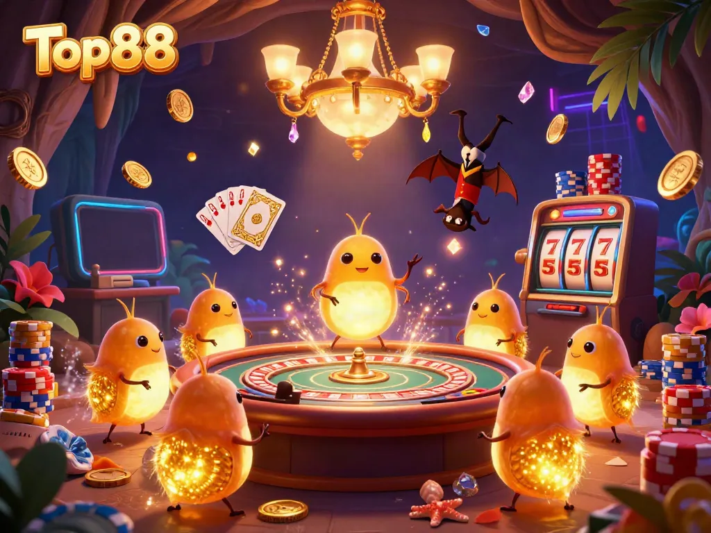 Experience the thrill of Top88 with glowworms illuminating a vibrant cave casino scene filled with golden coins and excitement.