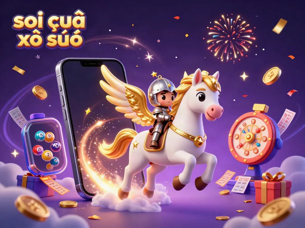 Experience soi cầu xổ số with a lively 3D illustration of a celestial horse and knight amidst lottery elements.