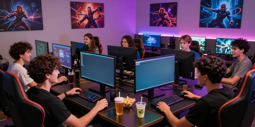 Engaging group of friends enjoying multiplayer gaming experience at kilat 404 lounge
