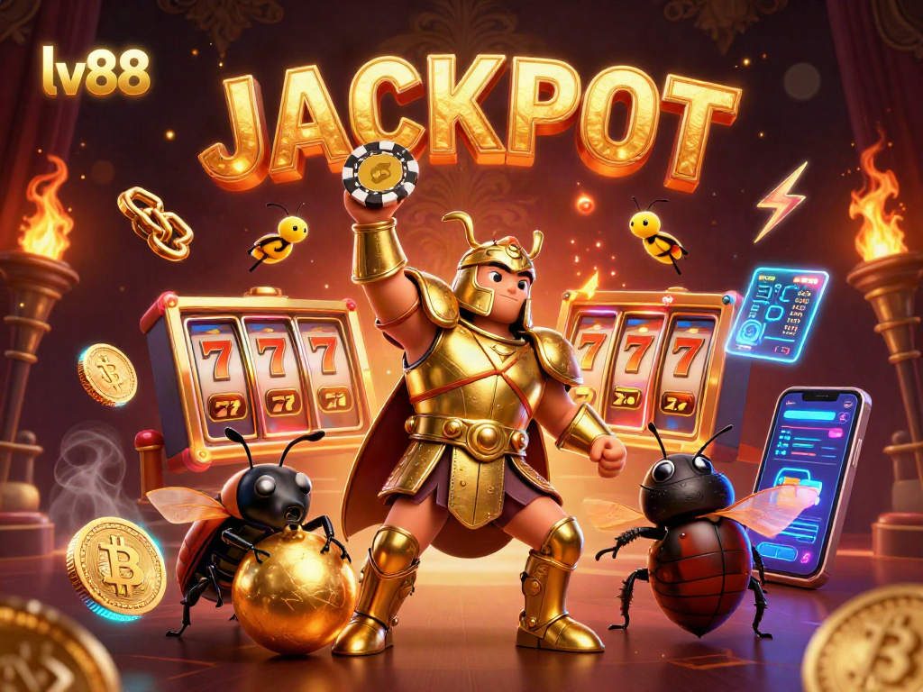 Experience the excitement of lv88 with a victorious 3D beetle character amidst dazzling casino elements.
