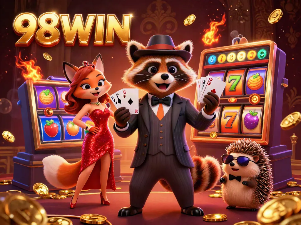 Experience thrilling slots at 98WIN with a raccoon holding a royal flush amidst vibrant casino elements.