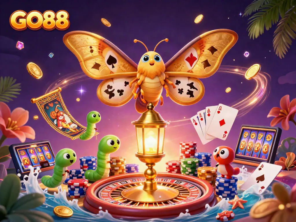 Engage in thrilling gameplay with GO88 as vibrant casino elements come alive in a 3D illustration.