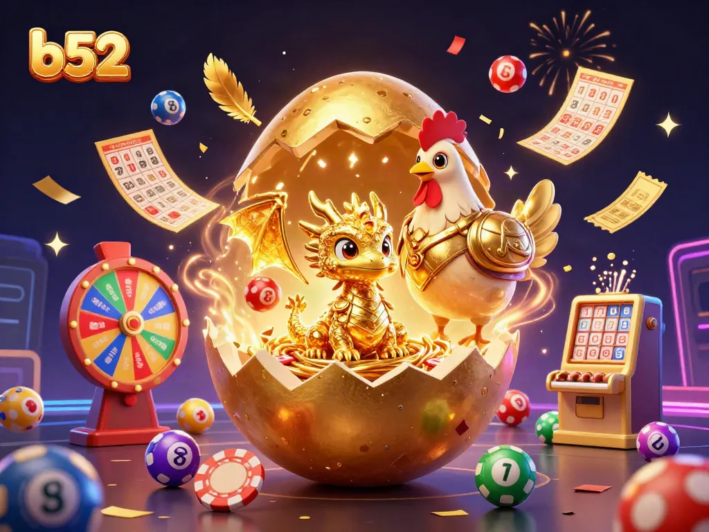 Experience the thrilling B52 casino adventure with vibrant lottery balls and a golden dragon!