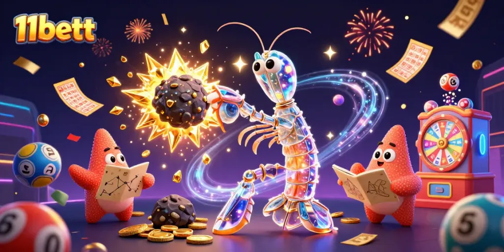 Engage with thrilling action at 11bett; a galactic mantis shrimp splinters an asteroid spraying gems and lottery balls!