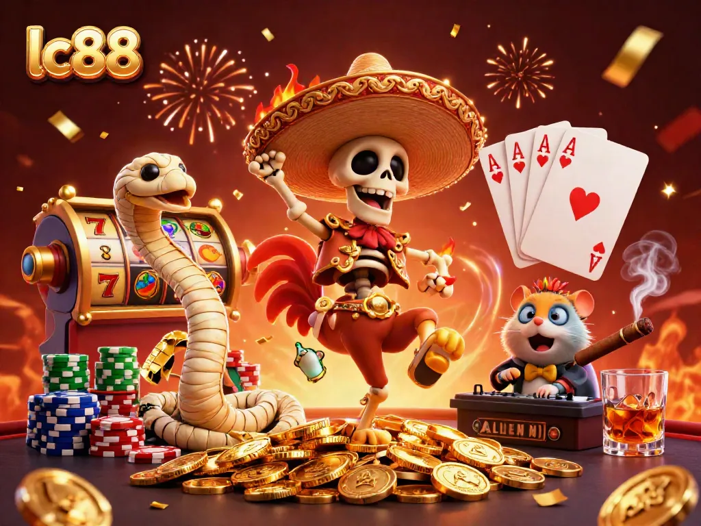 Experience the thrill of lc88 with a dynamic 3D scene of festive characters and gaming elements.