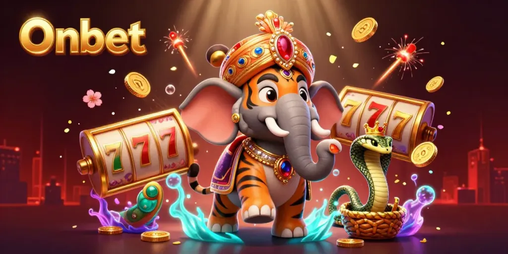 Experience the excitement of Onbet with a vibrant 3D illustration showcasing a tiger and elephant amidst casino elements.