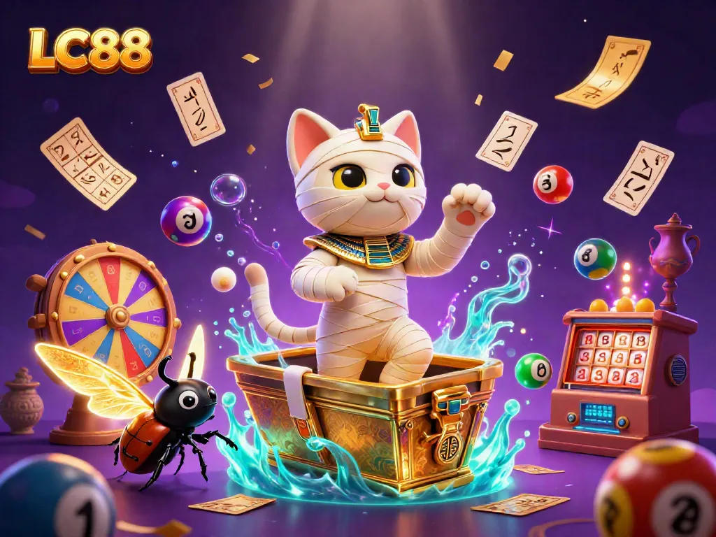 Engage in thrilling casino adventures at LC88 with a mummy cat and vibrant game elements.