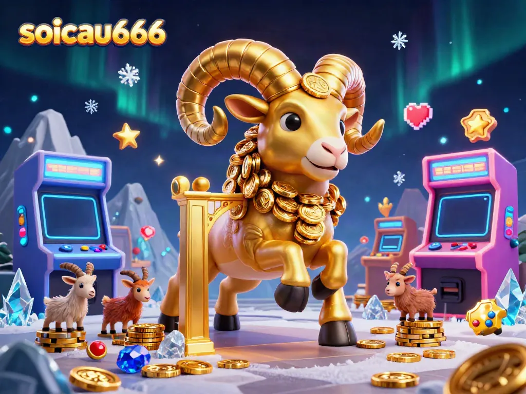 SoiCau666 is presented with a massive golden ram and game elements in a dynamic casino scene.