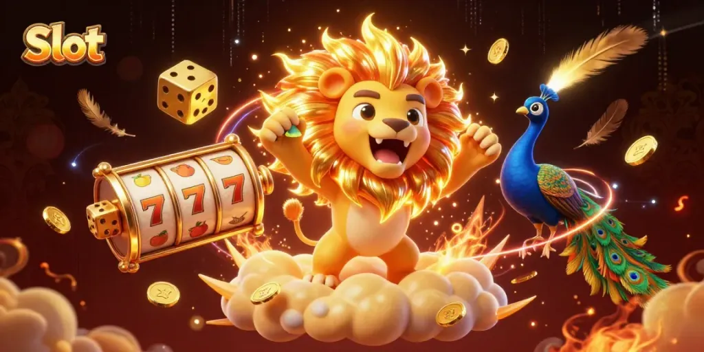Spin the Slot reels with vibrant action featuring a roaring sun lion and dazzling golden dice.