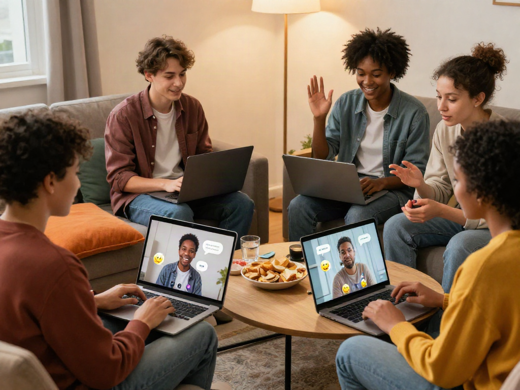 Friends enjoying an nsfw chat on video call in a cozy living room.