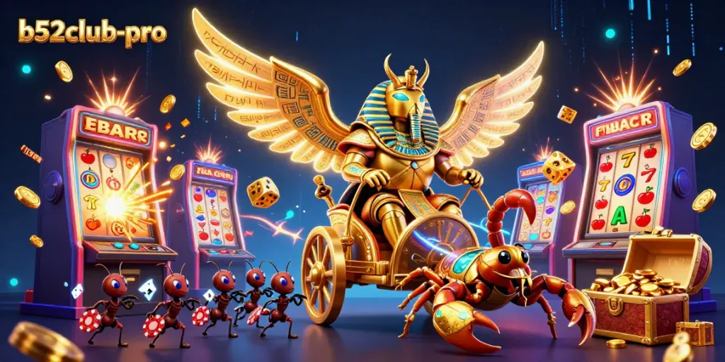 Experience exciting wins at b52club-pro with a vibrant illustration of casino elements and characters.