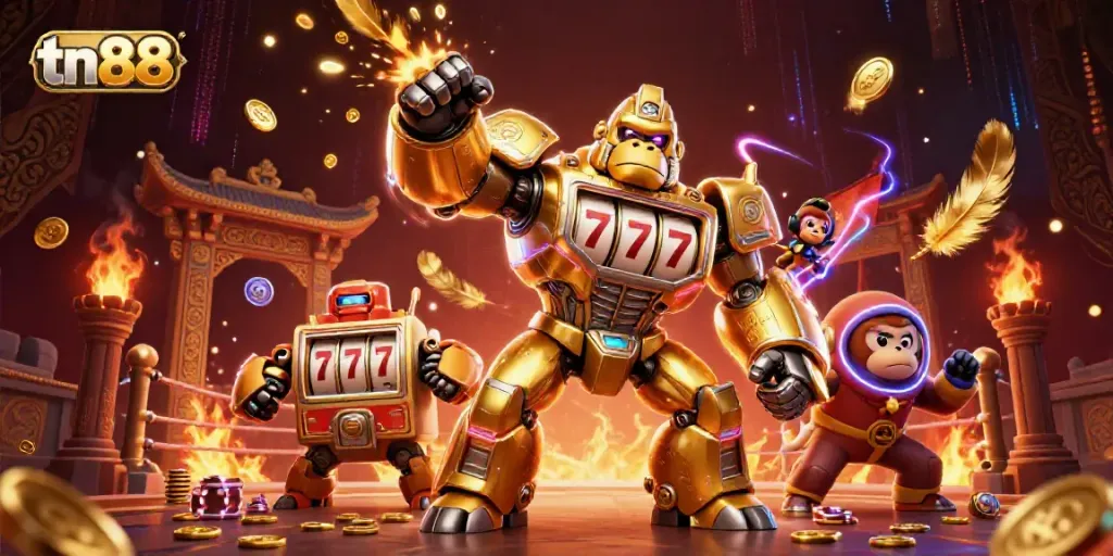 Experience exciting tn88 gameplay with vibrant 3D visuals, showcasing a dynamic gorilla mech amidst casino elements.