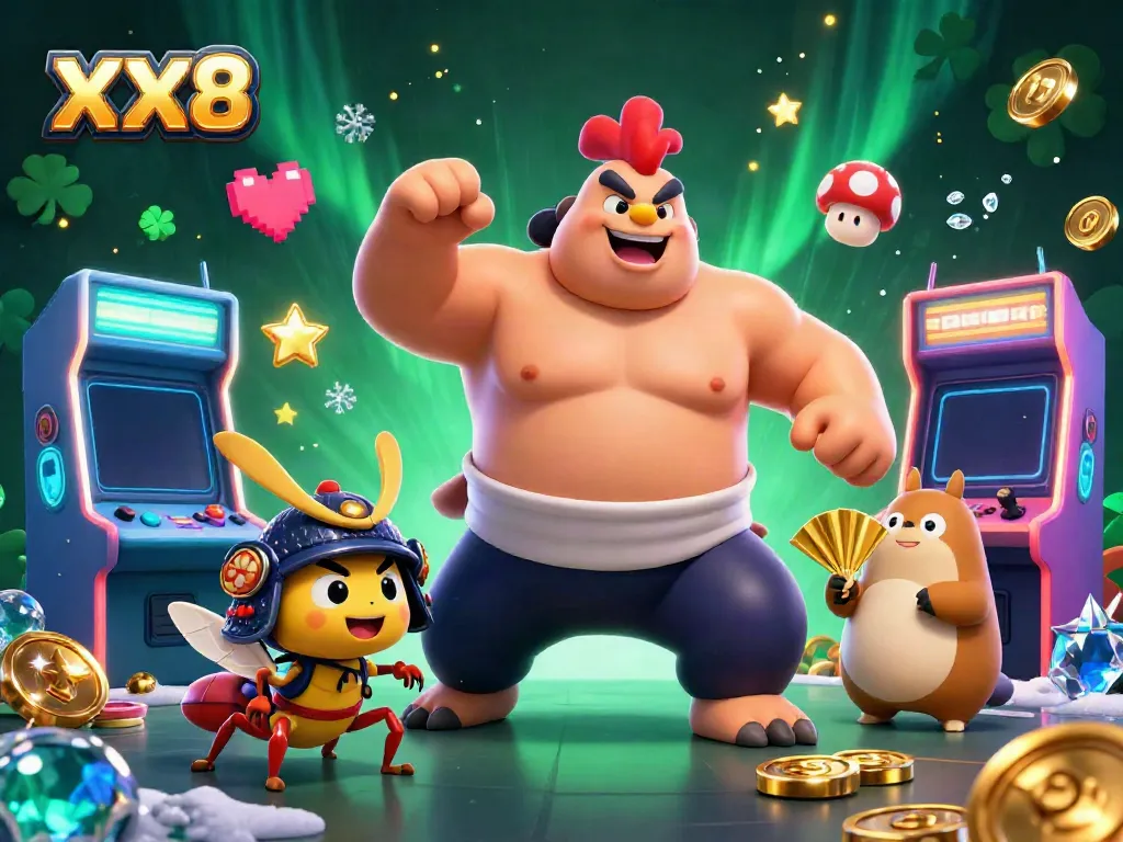 Engage with the powerful XX8 casino characters in a vibrant, colorful gaming scene.