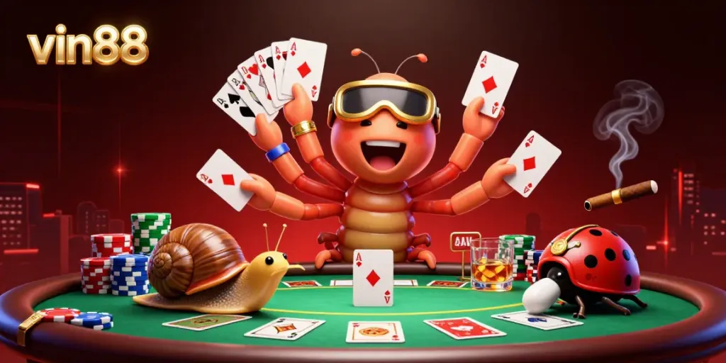Experience thrilling gambling moments with vin88 in a vibrant cartoon casino scene.