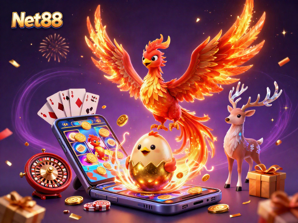 Experience winning moments with Net88 through this vibrant casino illustration.