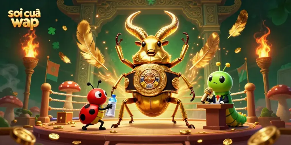 Engaging scene of soi cầu wap featuring golden stag beetle boxing champion, ladybug corner-man, and caterpillar announcer in a vibrant casino atmosphere.