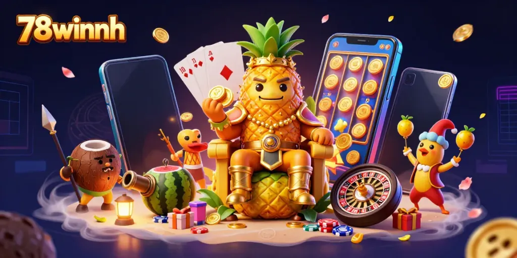 Engage in thrilling fun with 78winnh as a golden pineapple king presides over a vibrant beach casino scene.