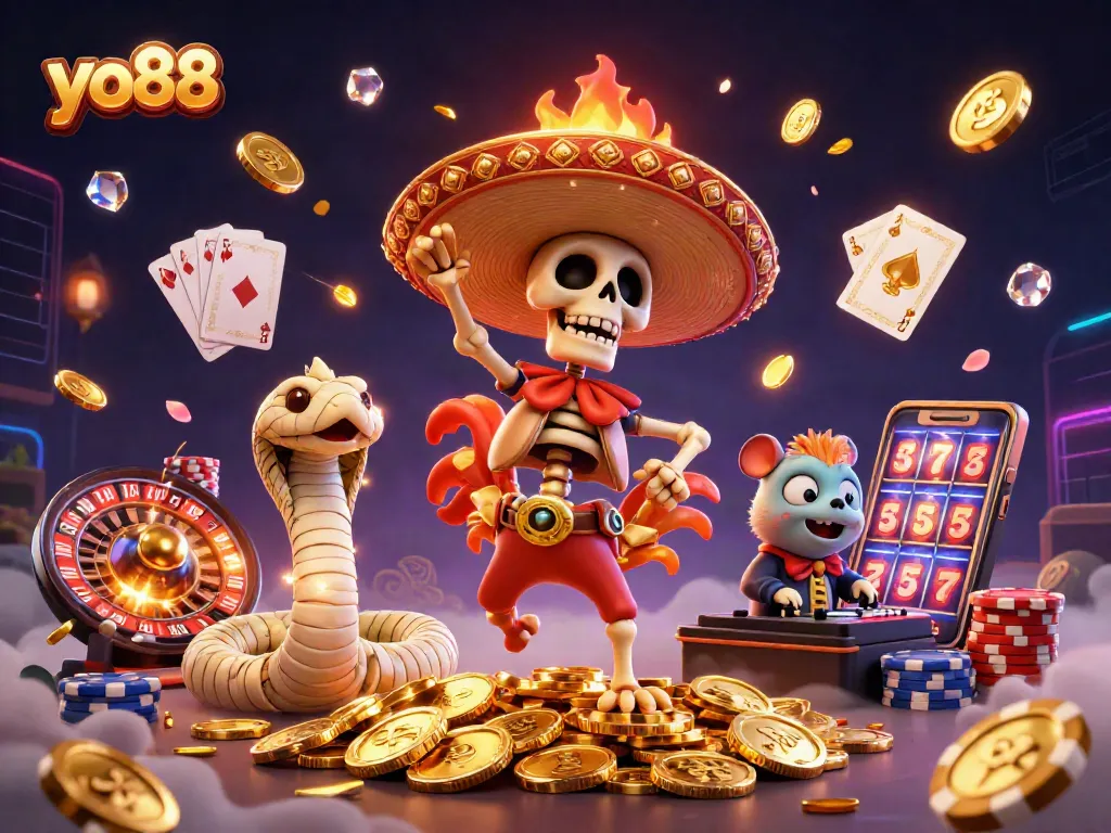 Experience yo88 thrills with a lively mariachi rooster celebrating wins amidst dynamic casino elements.