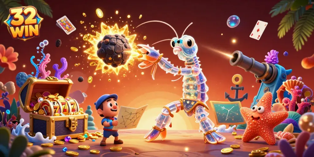 Experience thrilling adventures with 32 WIN in an ultra-detailed 3D casino illustration featuring galactic characters and vibrant game elements.