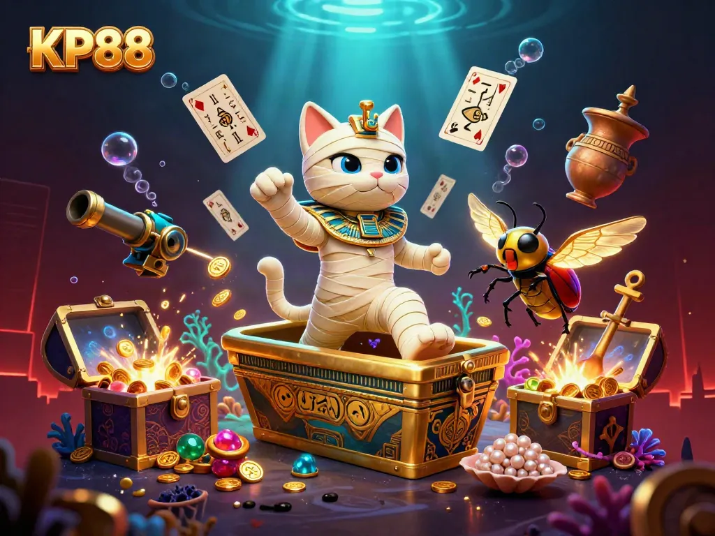 KP88 brings a thrilling online gaming experience with an Egyptian-themed casino scene bursting with vibrant action.