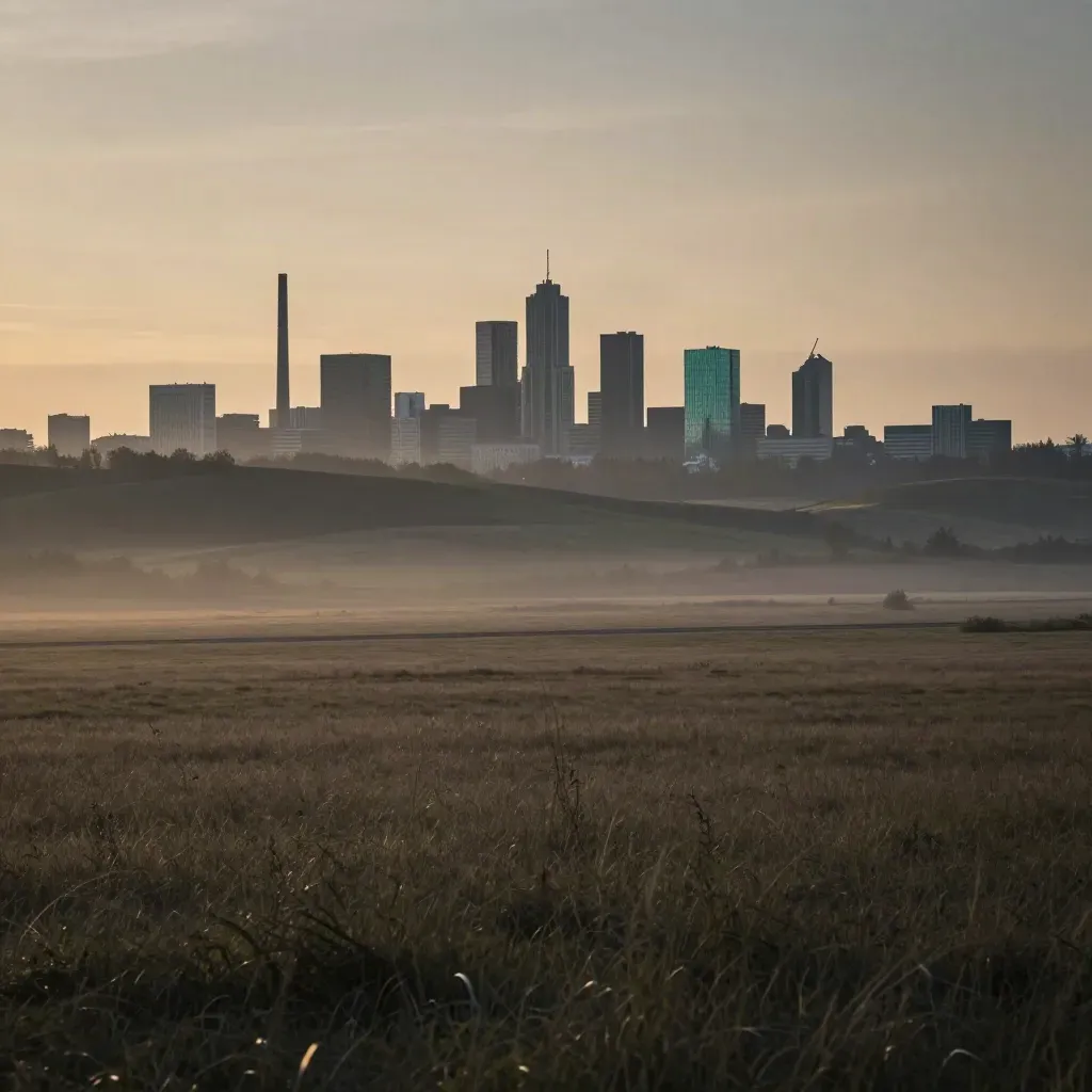 Katowicka panorama i industrialny horyzont nad miękkimi wzgórzami Śląska o zmierzchu