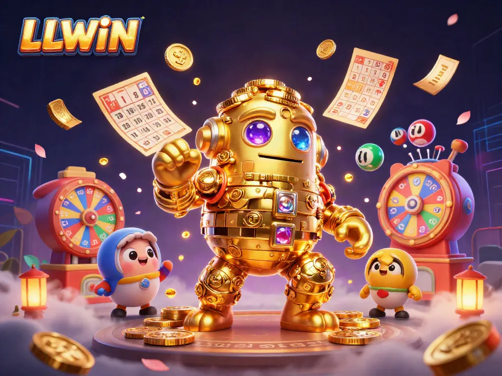 Engage with LLWIN's thrilling gaming experience featuring a dynamic golden golem amidst vibrant lottery elements.