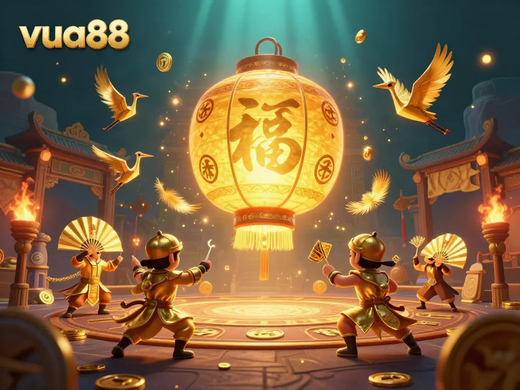 Engage in thrilling gameplay at vua88 with a vibrant floating spirit surrounded by dynamic casino elements.