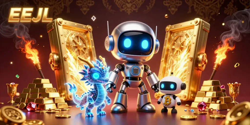 Experience the exciting EEJL casino with a vibrant digital scene of a cyberpunk robot, dragon, and crypto elements.
