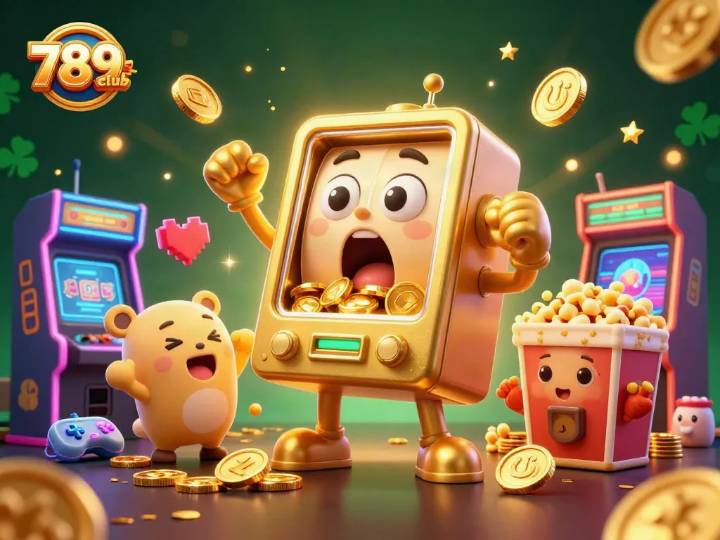 Engage with 789club's exciting jackpot scene featuring a golden slot machine, cheering baby slots, and game elements.