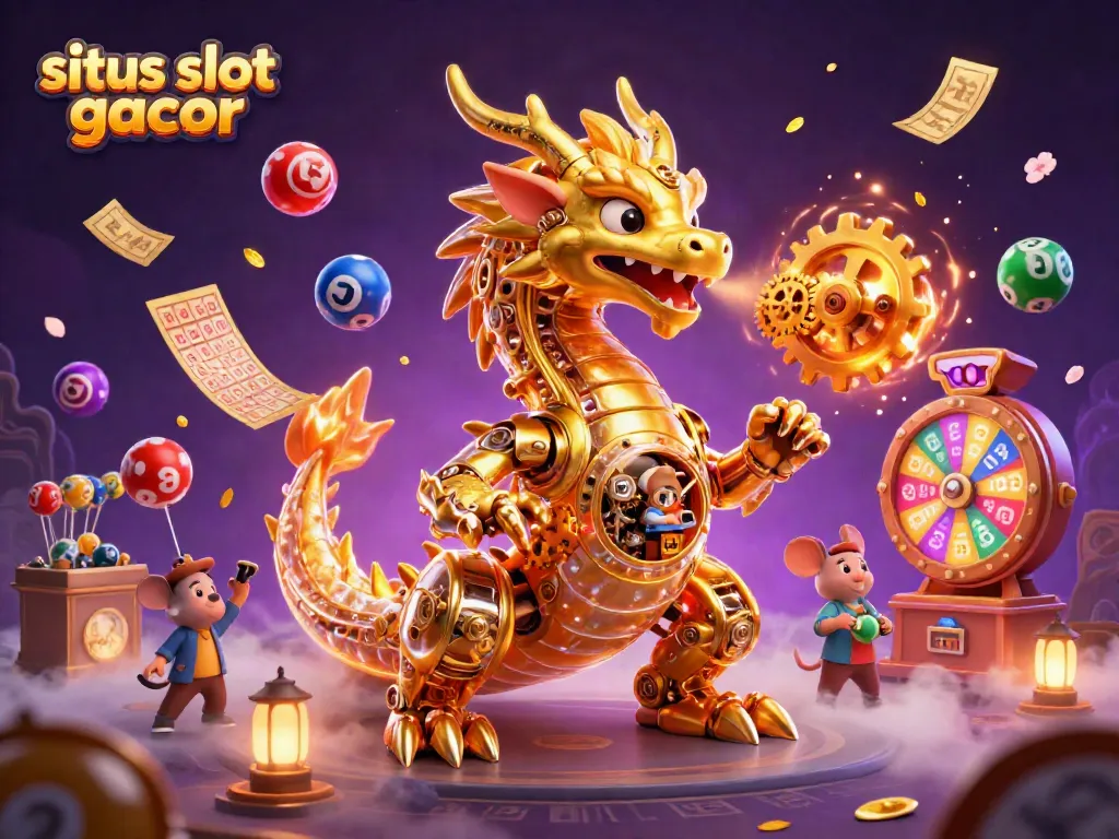 Experience the excitement of situs slot gacor with a vibrant illustration of a mechanical dragon and lottery elements.