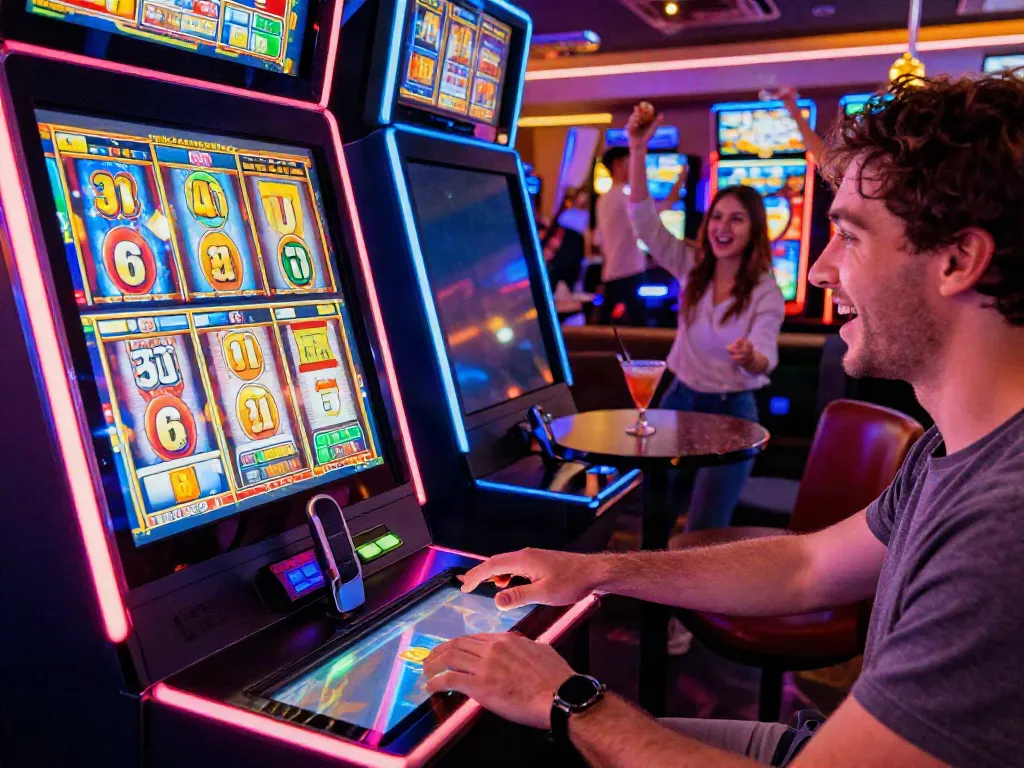 Player engaging with a colorful slot machine in a vibrant casino environment, showcasing excitement and gameplay.