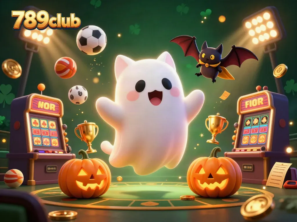Engage in thrilling games at 789club's haunted casino with a ghost cat and dynamic gaming elements.