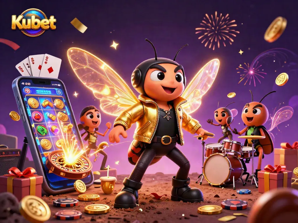 Kubet rock star character celebrating with casino games and golden coins erupting in a vibrant atmosphere