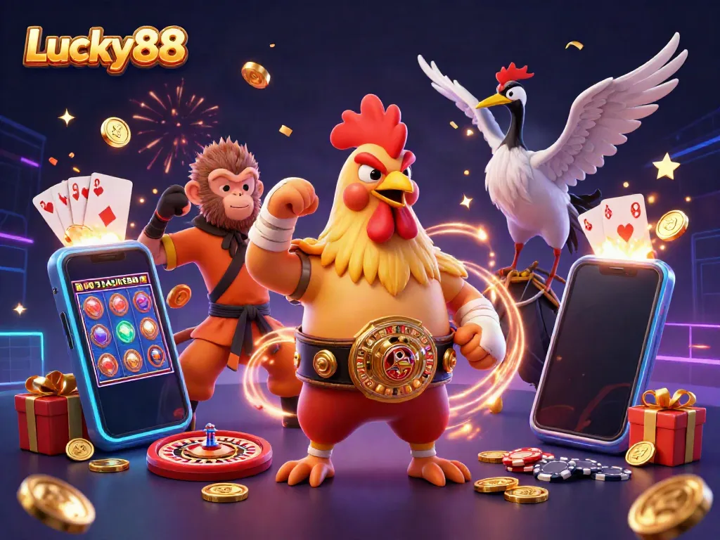 Join the Lucky88 celebration with a fierce Muay Thai rooster, Shaolin monkey, and wise crane amidst vibrant casino elements.