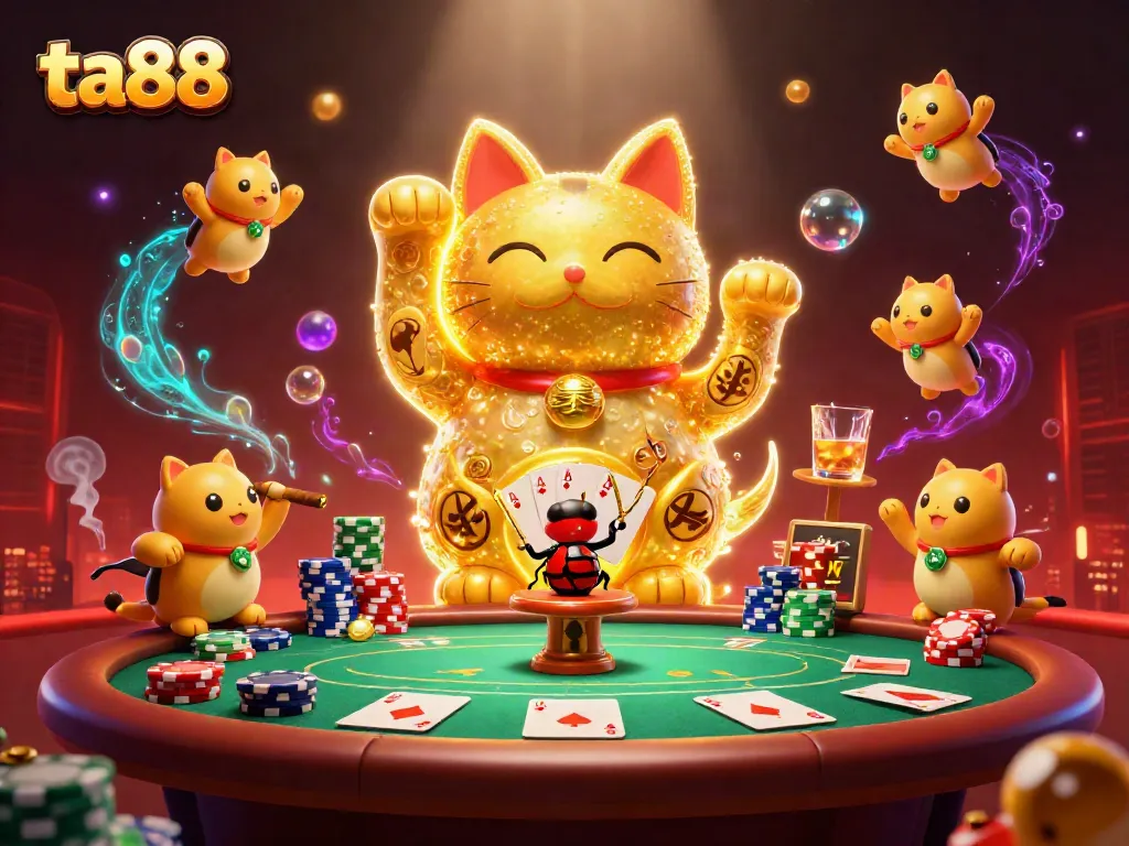 Experience thrilling gameplay with ta88’s vibrant casino-themed illustration featuring lucky elements and characters.