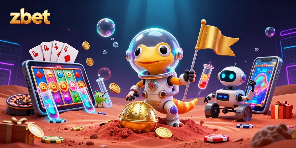 Engage with zbet's vibrant Martian casino scene where a gecko explores golden treasures.