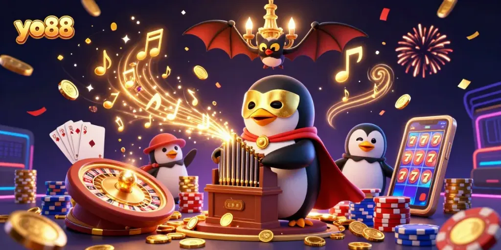 Experience the excitement of yo88 with vibrant casino action featuring a penguin playing the organ, spinning roulette, and flying golden coins.