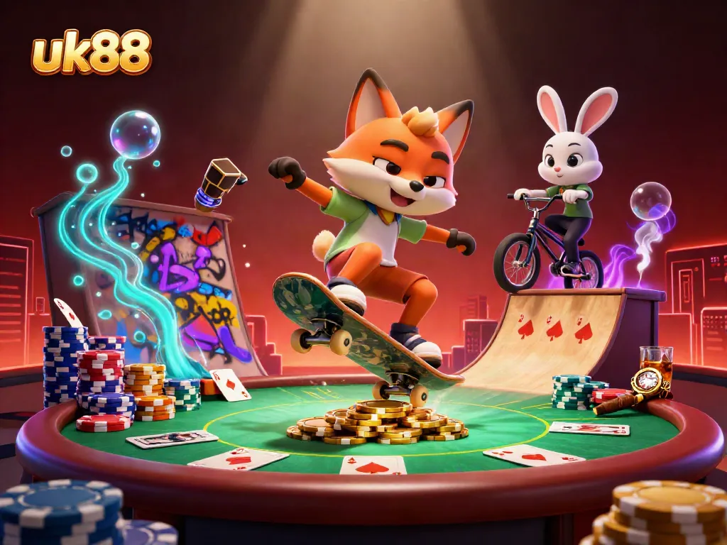 Experience dynamic gaming with uk88 as cartoon characters engage in thrilling casino action.