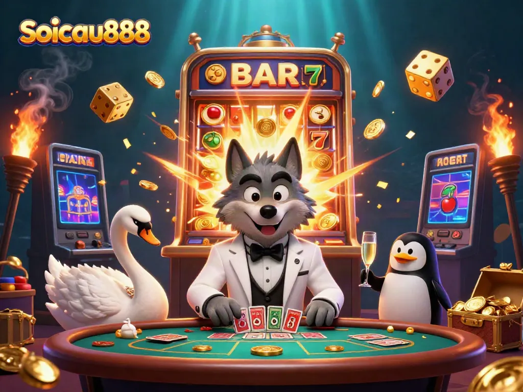 Experience the thrill of soicau888 with a debonair wolf, elegant swan, and penguin sommelier in a vibrant casino scene.