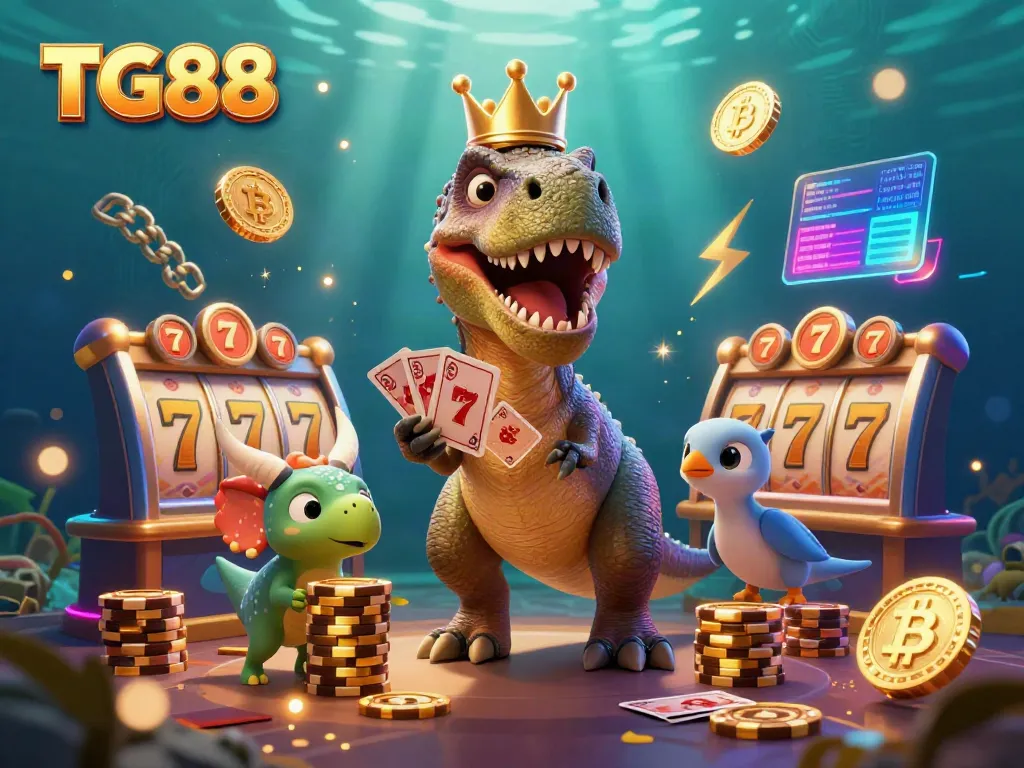 Experience the dynamic casino scene with TG88 as friendly characters shuffle cards and stack chips amid vibrant games.