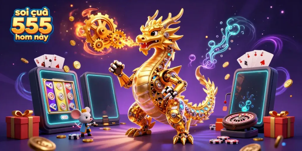 Soi cầu 555 hôm nay highlights engaging slot gaming with a vibrant dragon and mechanics.
